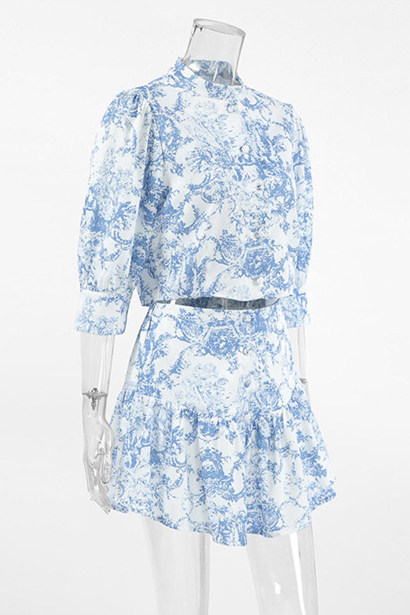 Gradient Print Buckle Contrast Mandarin Collar Half Sleeve Two Pieces