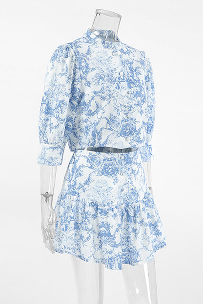 Gradient Print Buckle Contrast Mandarin Collar Half Sleeve Two Pieces