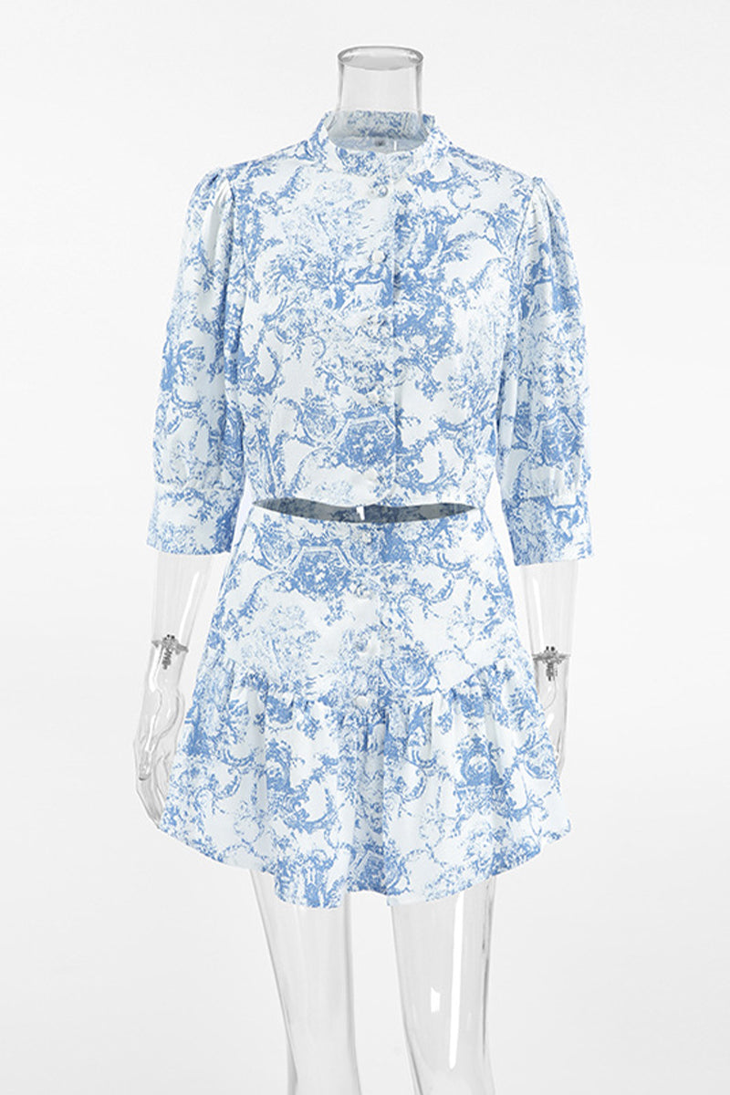 Gradient Print Buckle Contrast Mandarin Collar Half Sleeve Two Pieces