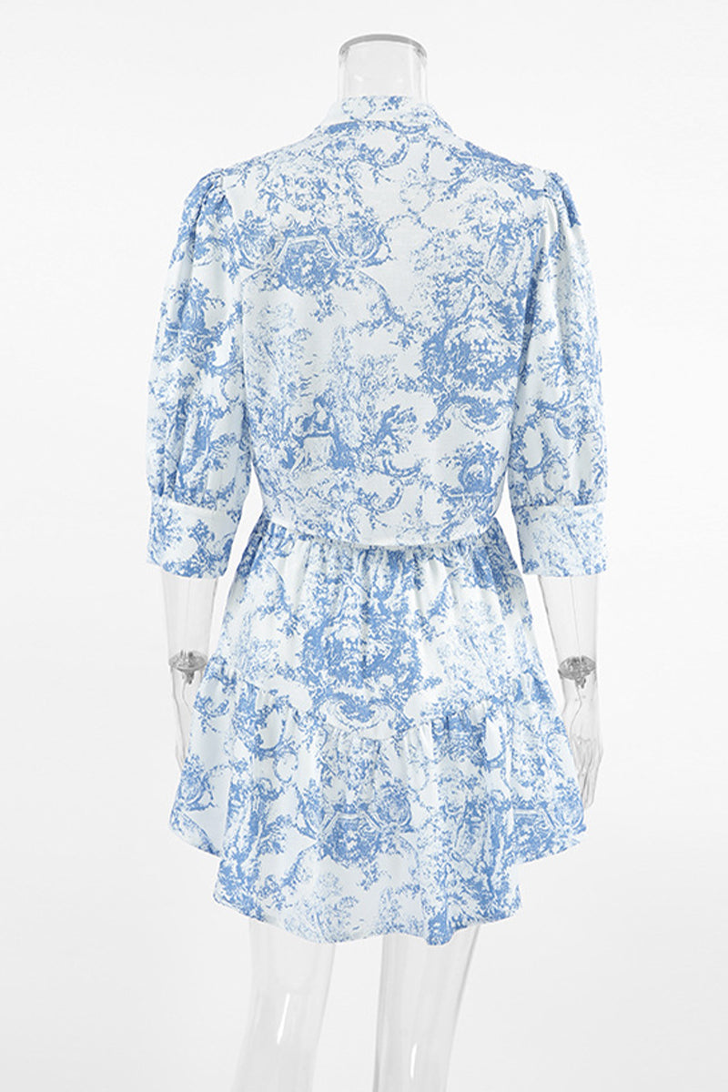 Gradient Print Buckle Contrast Mandarin Collar Half Sleeve Two Pieces