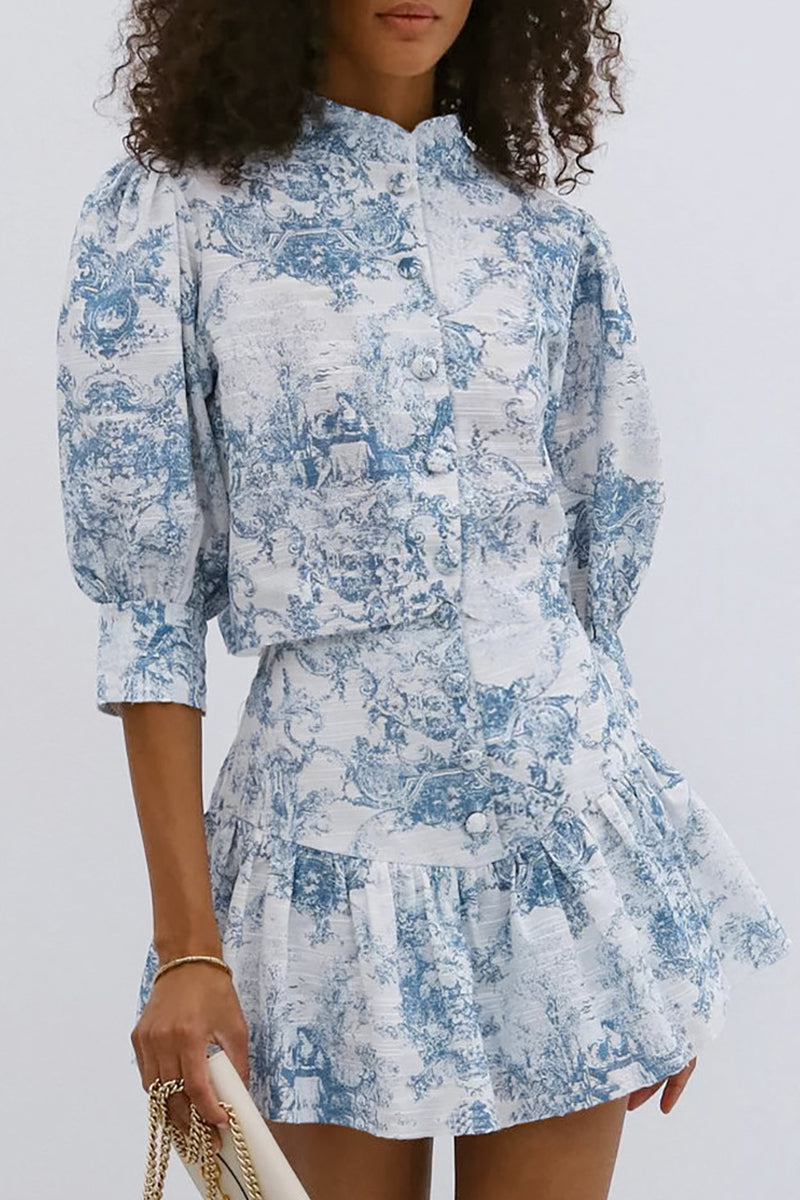 Gradient Print Buckle Contrast Mandarin Collar Half Sleeve Two Pieces