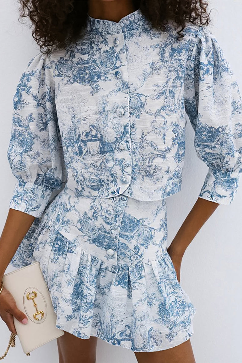 Gradient Print Buckle Contrast Mandarin Collar Half Sleeve Two Pieces