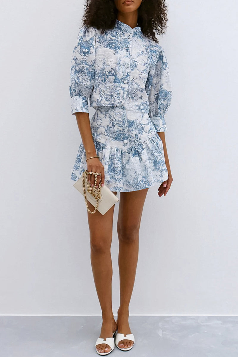Gradient Print Buckle Contrast Mandarin Collar Half Sleeve Two Pieces