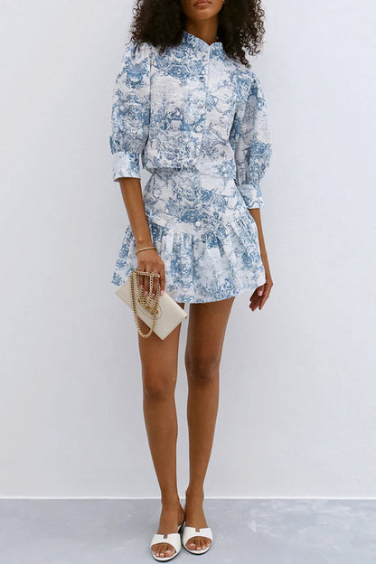 Gradient Print Buckle Contrast Mandarin Collar Half Sleeve Two Pieces