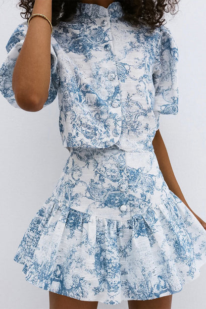 Gradient Print Buckle Contrast Mandarin Collar Half Sleeve Two Pieces