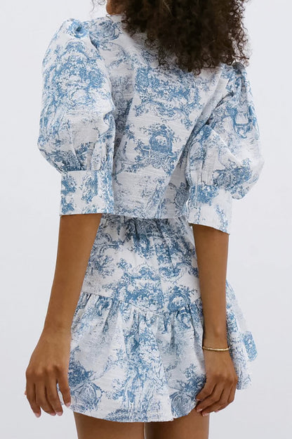 Gradient Print Buckle Contrast Mandarin Collar Half Sleeve Two Pieces