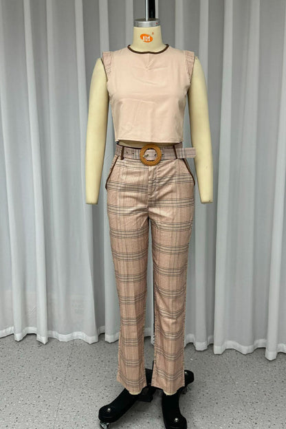 Street Plaid Ruffle With Belt O Neck Sleeveless Two Pieces