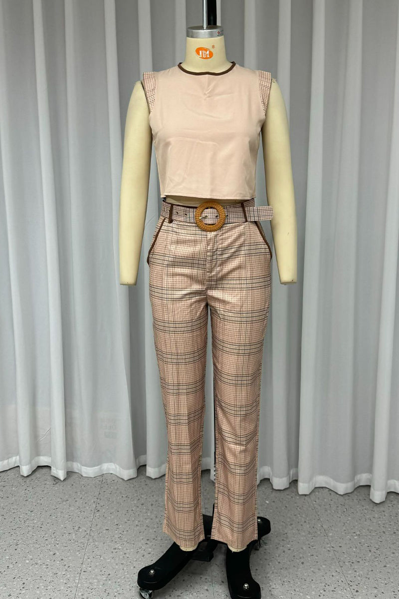 Street Plaid Ruffle With Belt O Neck Sleeveless Two Pieces