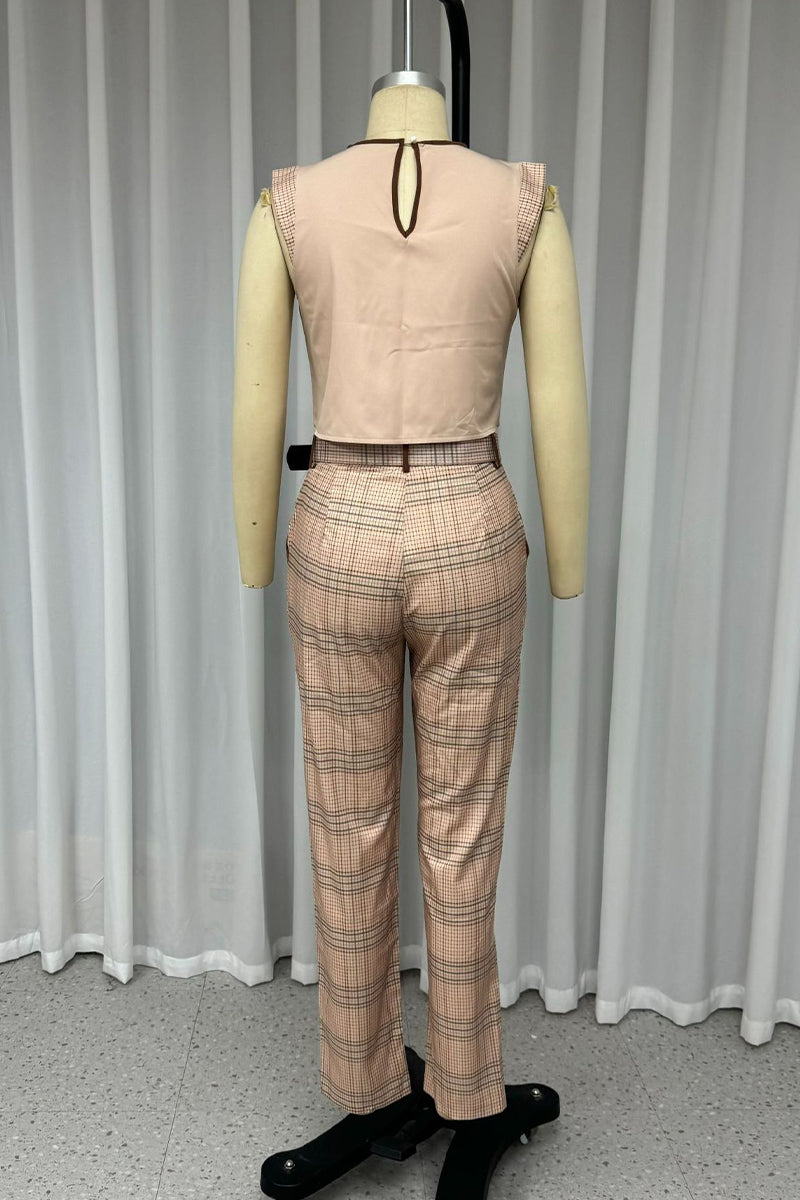 Street Plaid Ruffle With Belt O Neck Sleeveless Two Pieces