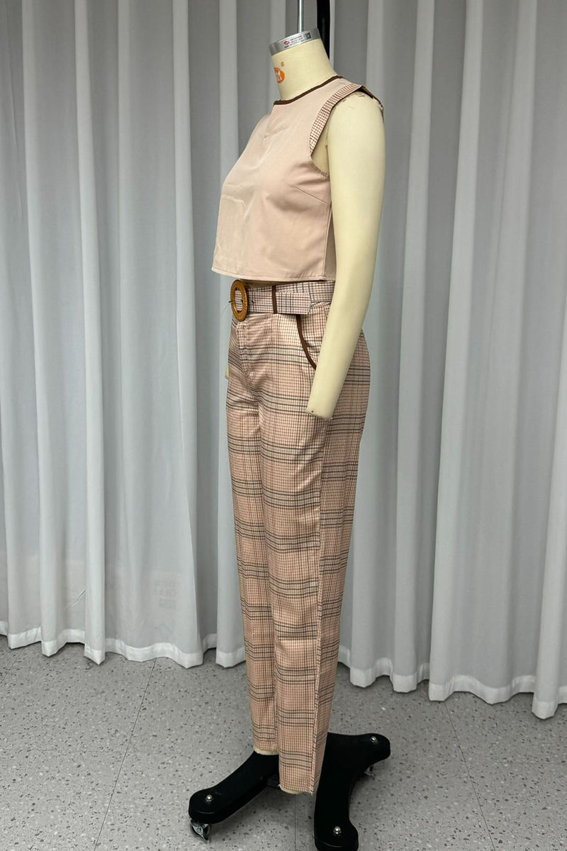 Street Plaid Ruffle With Belt O Neck Sleeveless Two Pieces