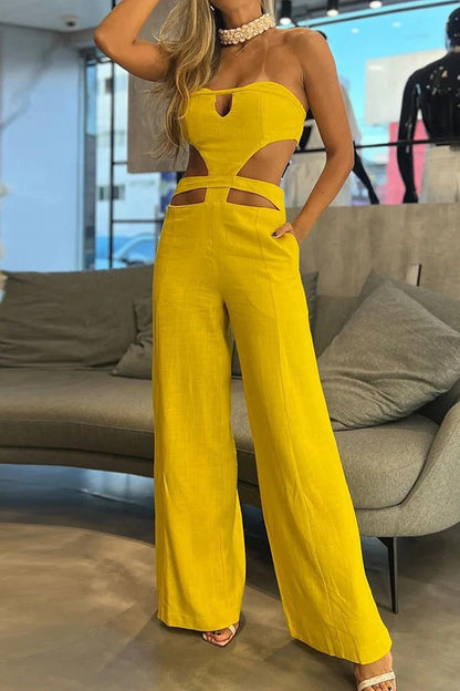 Daily Color Hollow Out Pocket Strapless Skinny Jumpsuits