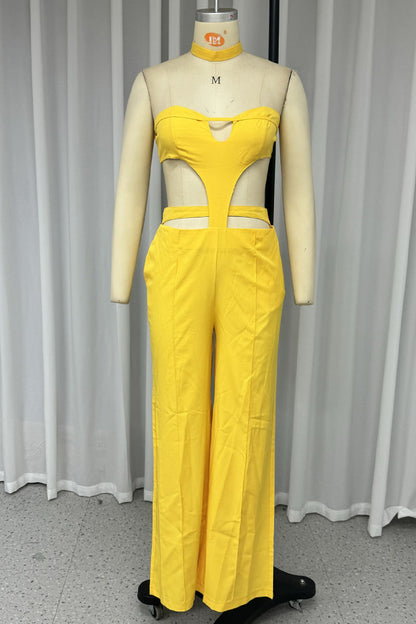 Daily Color Hollow Out Pocket Strapless Skinny Jumpsuits