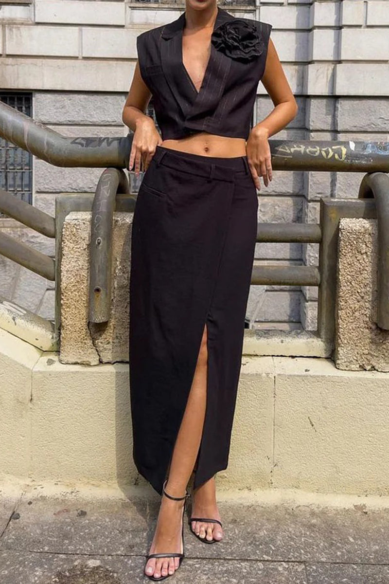 Stripe Slit Flower Shape Turn-back Collar Sleeveless Two Pieces