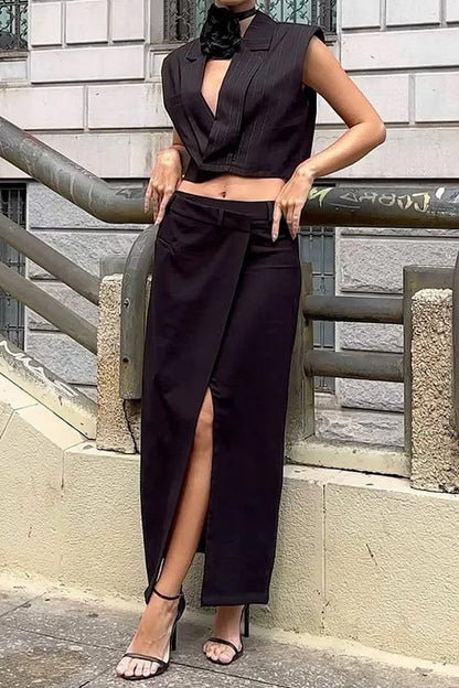 Stripe Slit Flower Shape Turn-back Collar Sleeveless Two Pieces