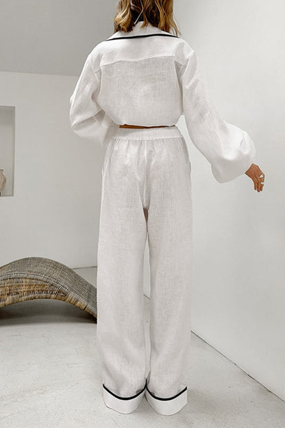 Daily Color Pocket Patchwork Contrast Turndown Collar Long Sleeve Two Pieces