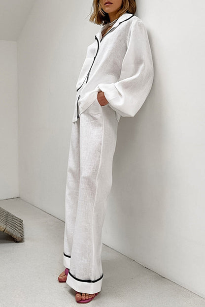 Daily Color Pocket Patchwork Contrast Turndown Collar Long Sleeve Two Pieces