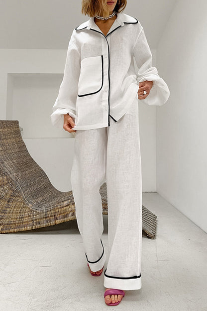 Daily Color Pocket Patchwork Contrast Turndown Collar Long Sleeve Two Pieces