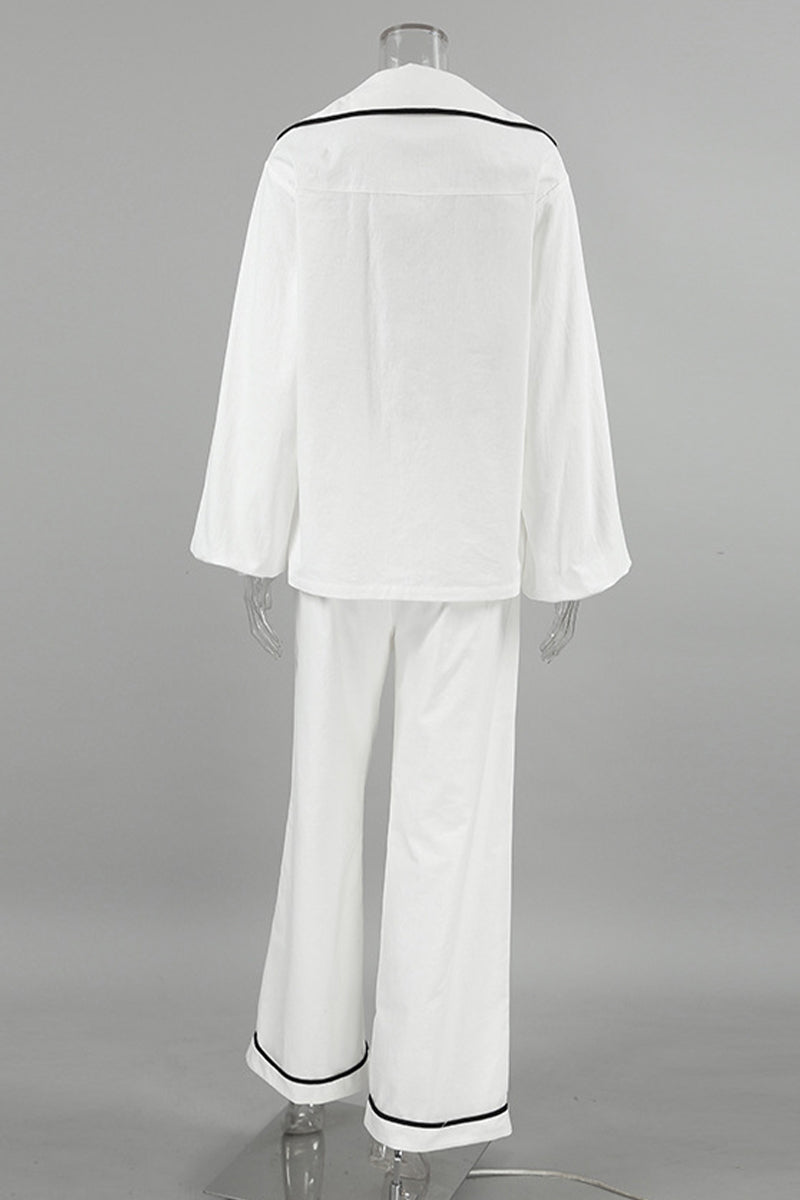 Daily Color Pocket Patchwork Contrast Turndown Collar Long Sleeve Two Pieces