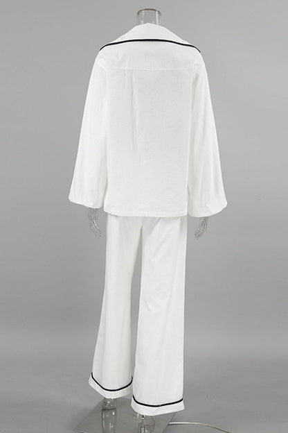 Daily Color Pocket Patchwork Contrast Turndown Collar Long Sleeve Two Pieces