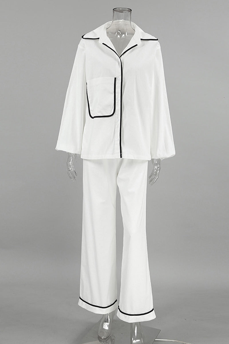 Daily Color Pocket Patchwork Contrast Turndown Collar Long Sleeve Two Pieces