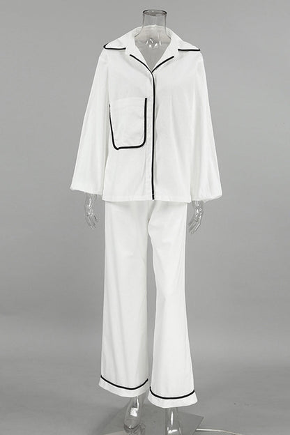 Daily Color Pocket Patchwork Contrast Turndown Collar Long Sleeve Two Pieces