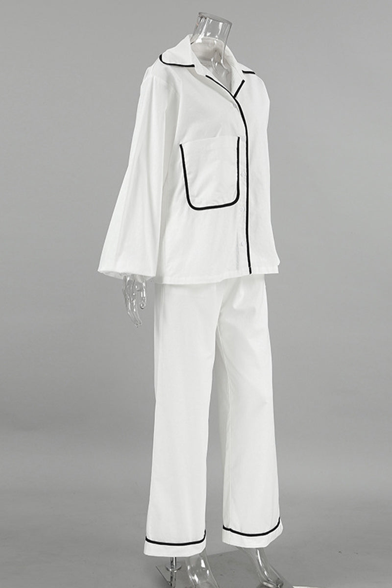 Daily Color Pocket Patchwork Contrast Turndown Collar Long Sleeve Two Pieces