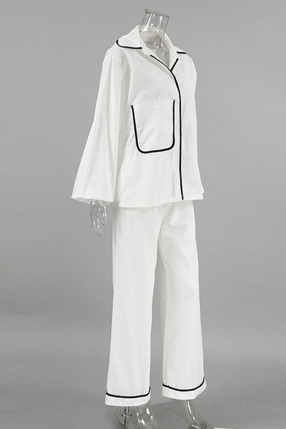 Daily Color Pocket Patchwork Contrast Turndown Collar Long Sleeve Two Pieces