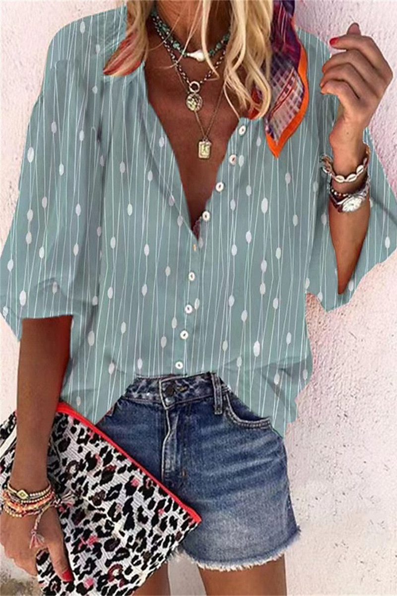 Daily Striped Print Buttons Contrast V Neck Blouses(8 Colors)