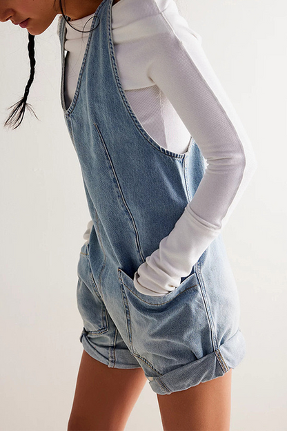 Daily Gradient Print Pocket Contrast V Neck Sleeveless Straight Denim Jumpsuits