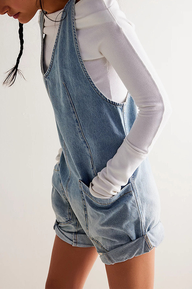 Daily Gradient Print Pocket Contrast V Neck Sleeveless Straight Denim Jumpsuits