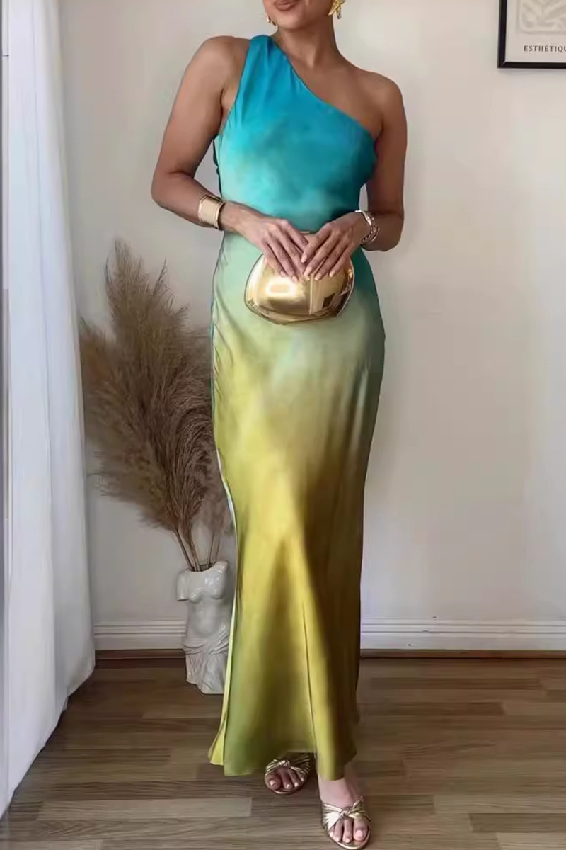 Gradient Print Backless Contrast Sloping Shoulder One Step Skirt Dresses