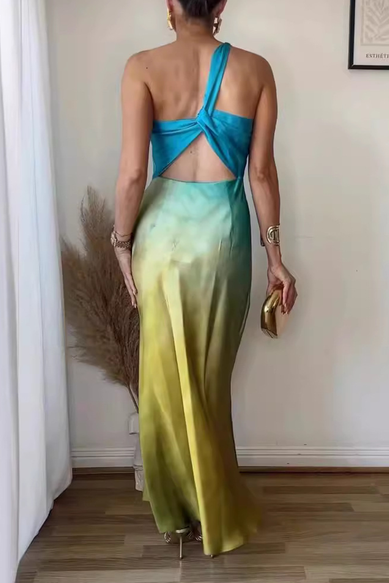 Gradient Print Backless Contrast Sloping Shoulder One Step Skirt Dresses
