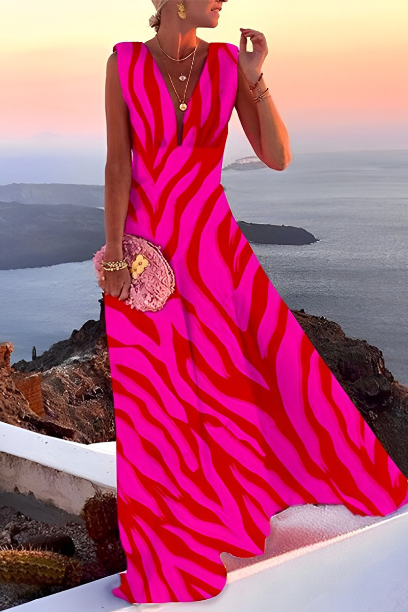 Print Patchwork V Neck Cake Skirt Dresses(5 Colors)