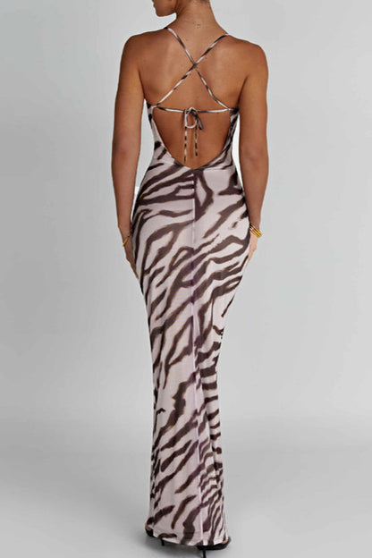 Open Back Printed Slim Fit Maxi Dress