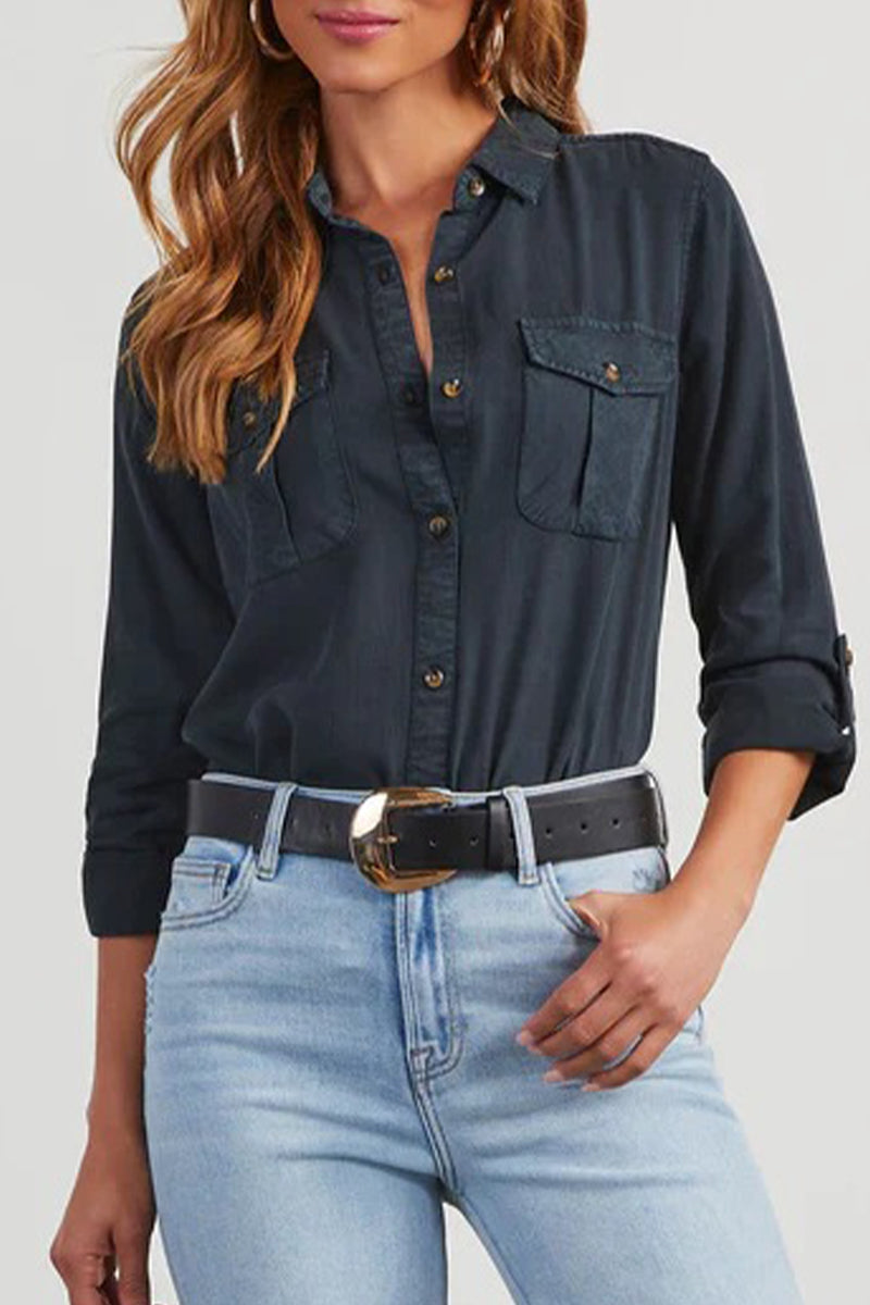 Daily Color Pocket Buttons Turndown Collar Blouses(4 Colors)