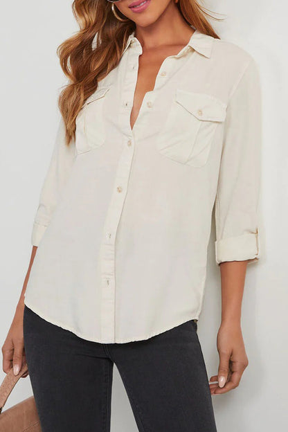 Daily Color Pocket Buttons Turndown Collar Blouses(4 Colors)