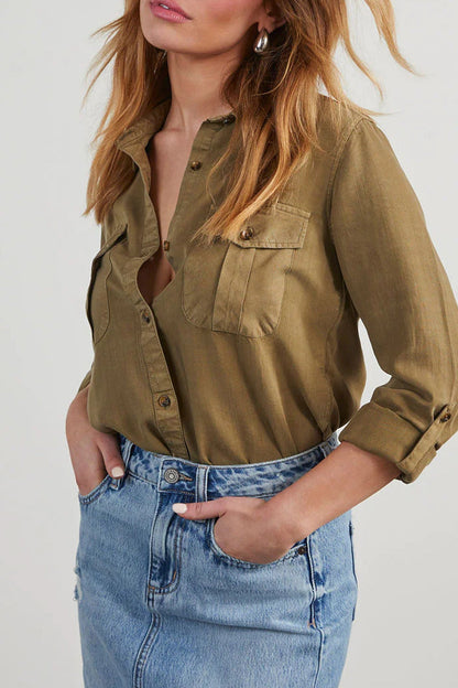 Daily Color Pocket Buttons Turndown Collar Blouses(4 Colors)