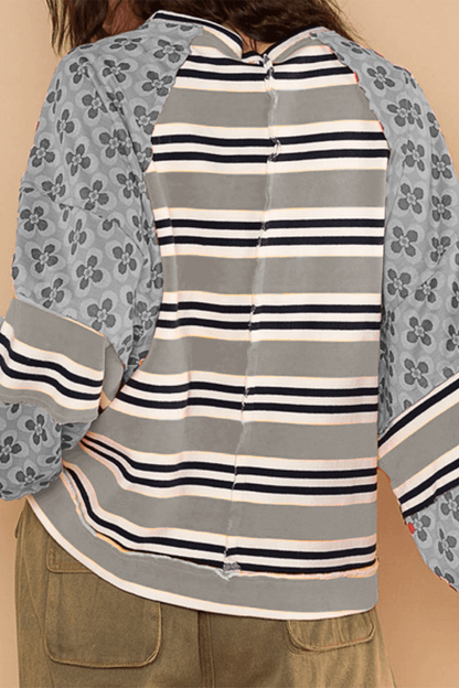 Striped Print Flowers Contrast O Neck Hoodies(6 Colors)