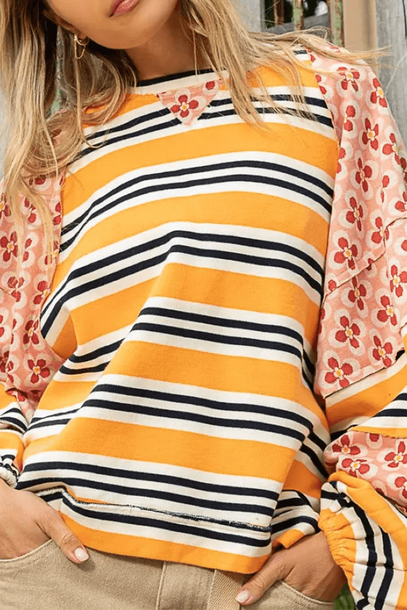 Striped Print Flowers Contrast O Neck Hoodies(6 Colors)