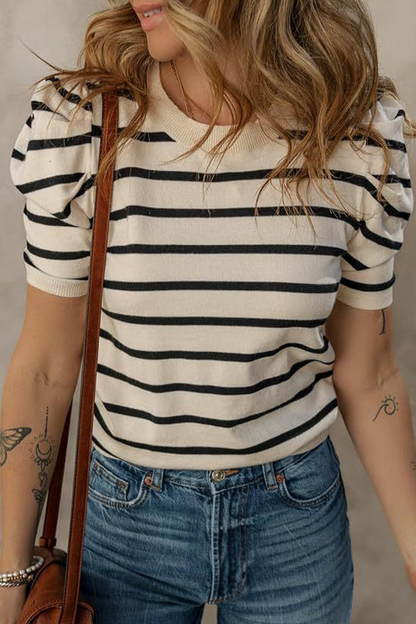 Stripe Ruched Weave O Neck T-shirts(5 Colors)