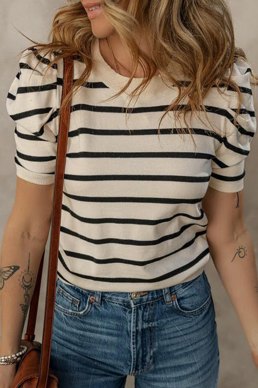 Stripe Ruched Weave O Neck T-shirts(5 Colors)