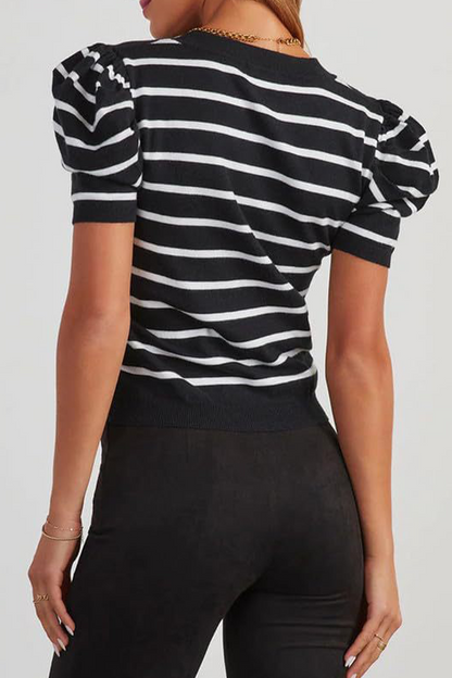Stripe Ruched Weave O Neck T-shirts(5 Colors)