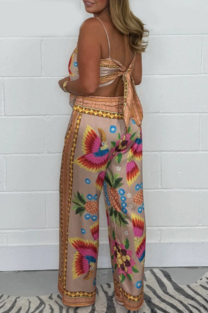 Flowers Backless Irregular Square Neck Sleeveless Two Pieces