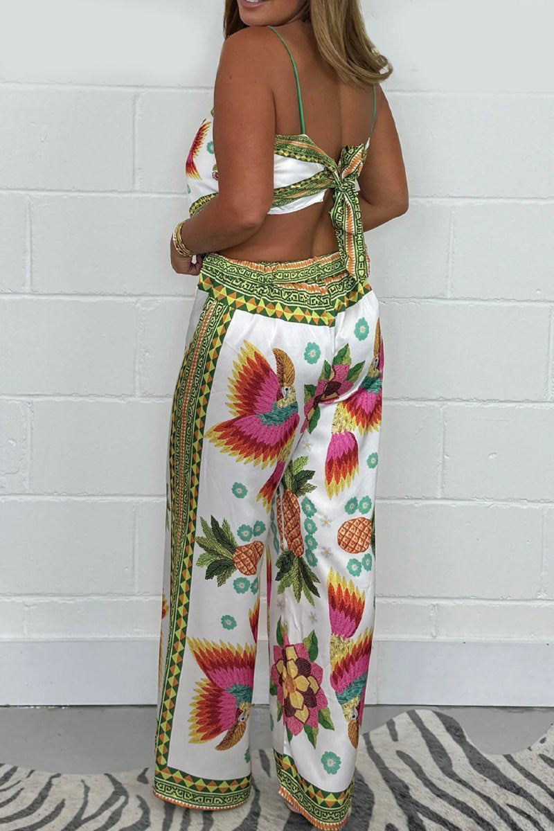 Flowers Backless Irregular Square Neck Sleeveless Two Pieces