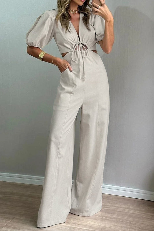 Daily Color Hollow Out Pocket Lace Up V Neck Loose Jumpsuits