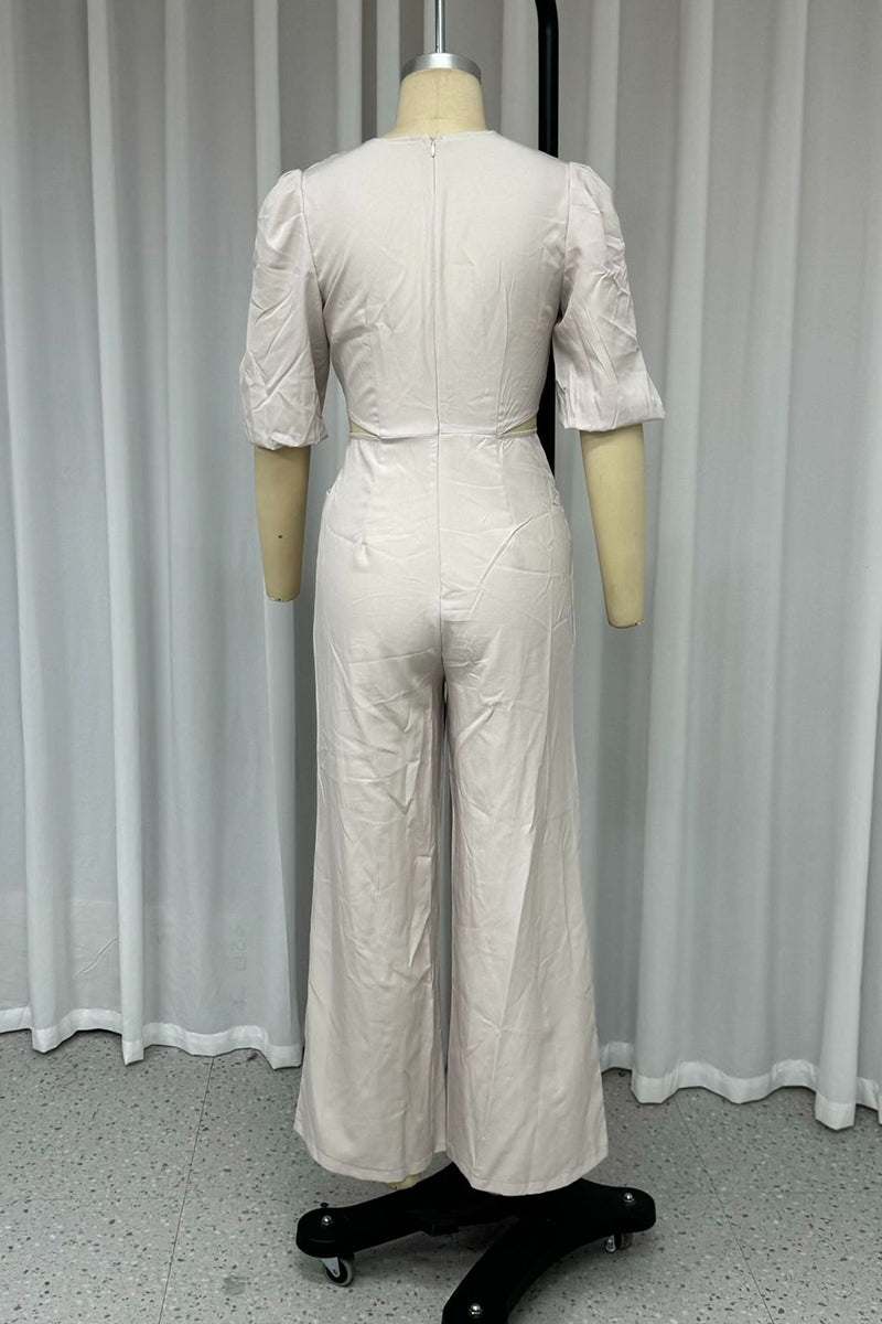 Daily Color Hollow Out Pocket Lace Up V Neck Loose Jumpsuits