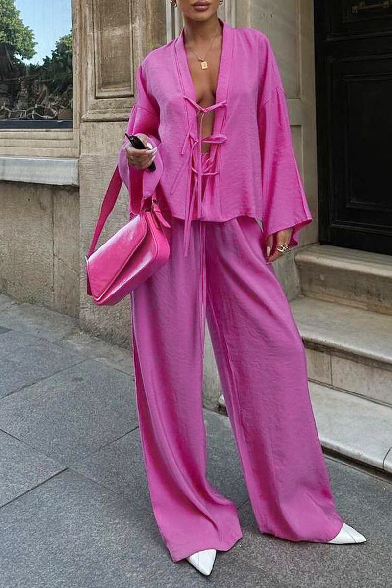 Daily Color Pocket Lace Up V Neck Long Sleeve Two Pieces