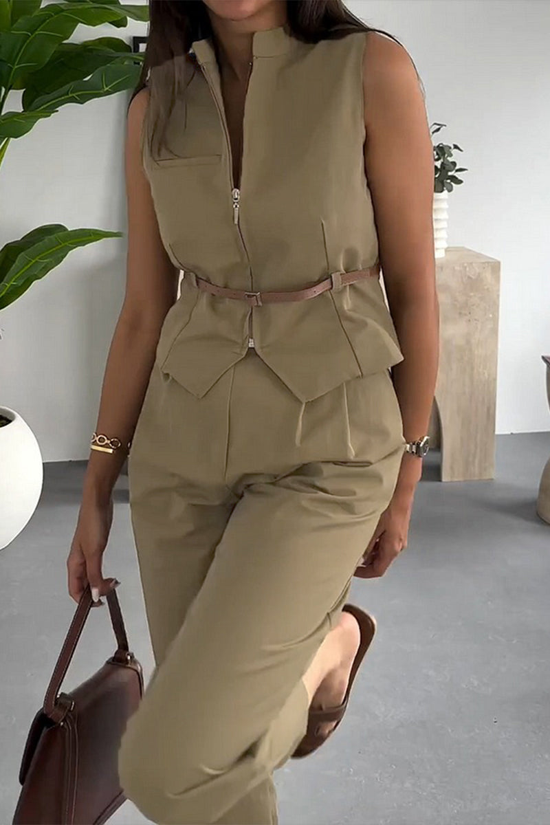 Daily Color Without Belt Zipper Mandarin Collar Sleeveless Two Pieces