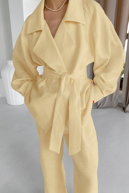 Daily Color Pocket Lace Up Turn-back Collar Long Sleeve Two Pieces