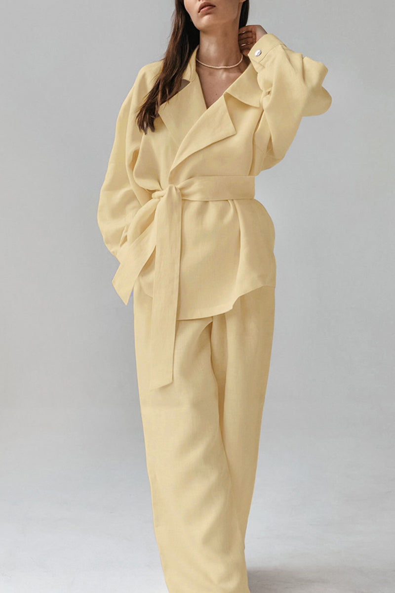 Daily Color Pocket Lace Up Turn-back Collar Long Sleeve Two Pieces